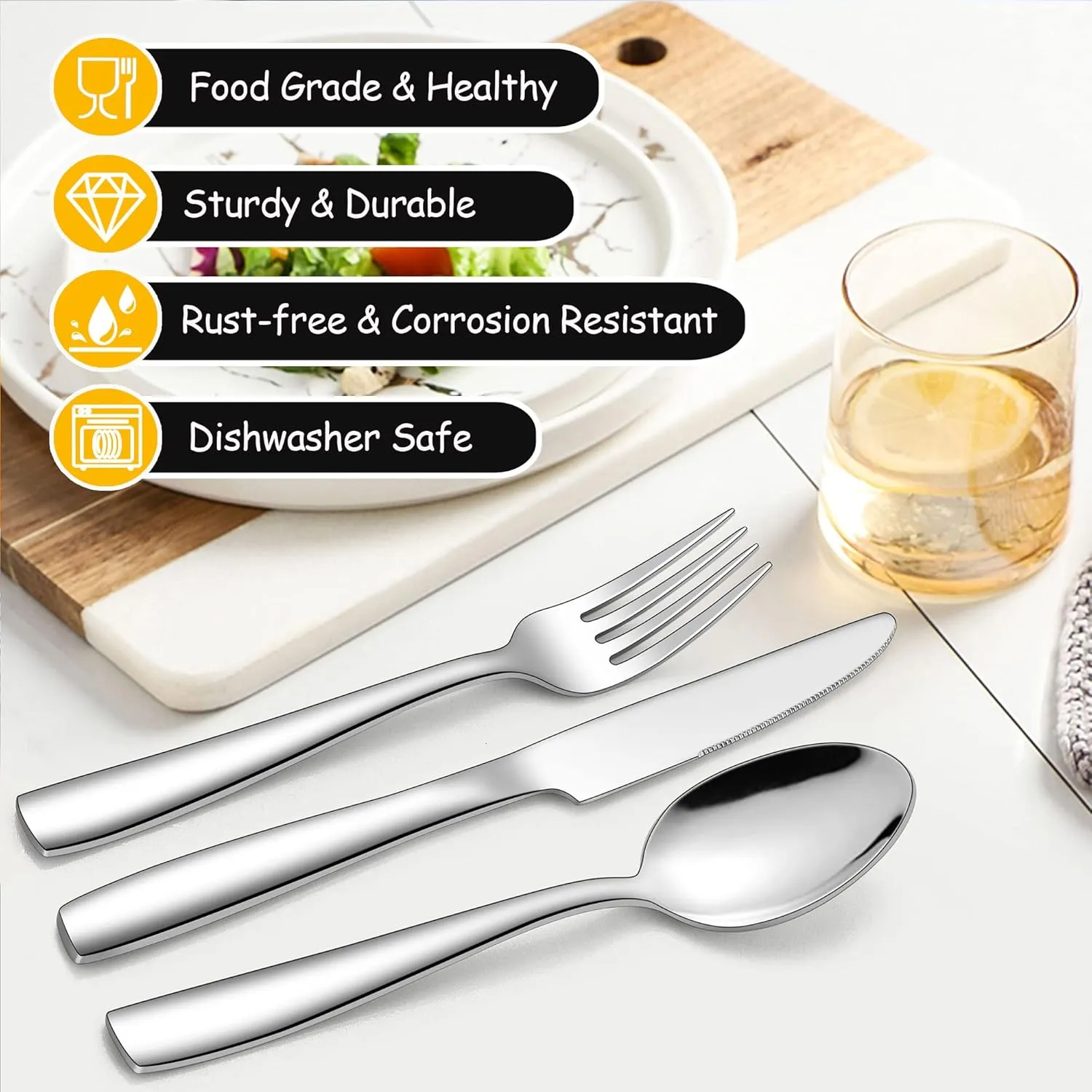 LIANYU 45 Piece Silverware Flatware Set with Serving Utensils, Stainless Steel Cutlery Set for 8, Eating Utensils Tableware with Knife Fork Spoon, Mirror Finish, Dishwasher Safe