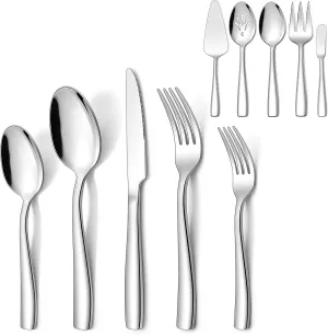 LIANYU 45 Piece Silverware Flatware Set with Serving Utensils, Stainless Steel Cutlery Set for 8, Eating Utensils Tableware with Knife Fork Spoon, Mirror Finish, Dishwasher Safe