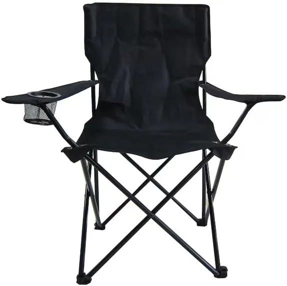 Lightweight Folding Camping Chair with Carrying Strap, Built-in Cup Holder, Heavy-Duty Steel Frame, 225-lb Capacity, Weather-Resistant Polyester Fabric, Black