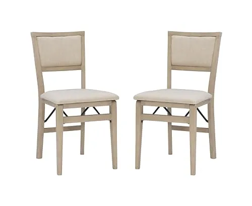 Linon Keira Wooden Folding Chair Upholstered Seat and Back Set of 2, Dining Height, Rustic Natural & Beige