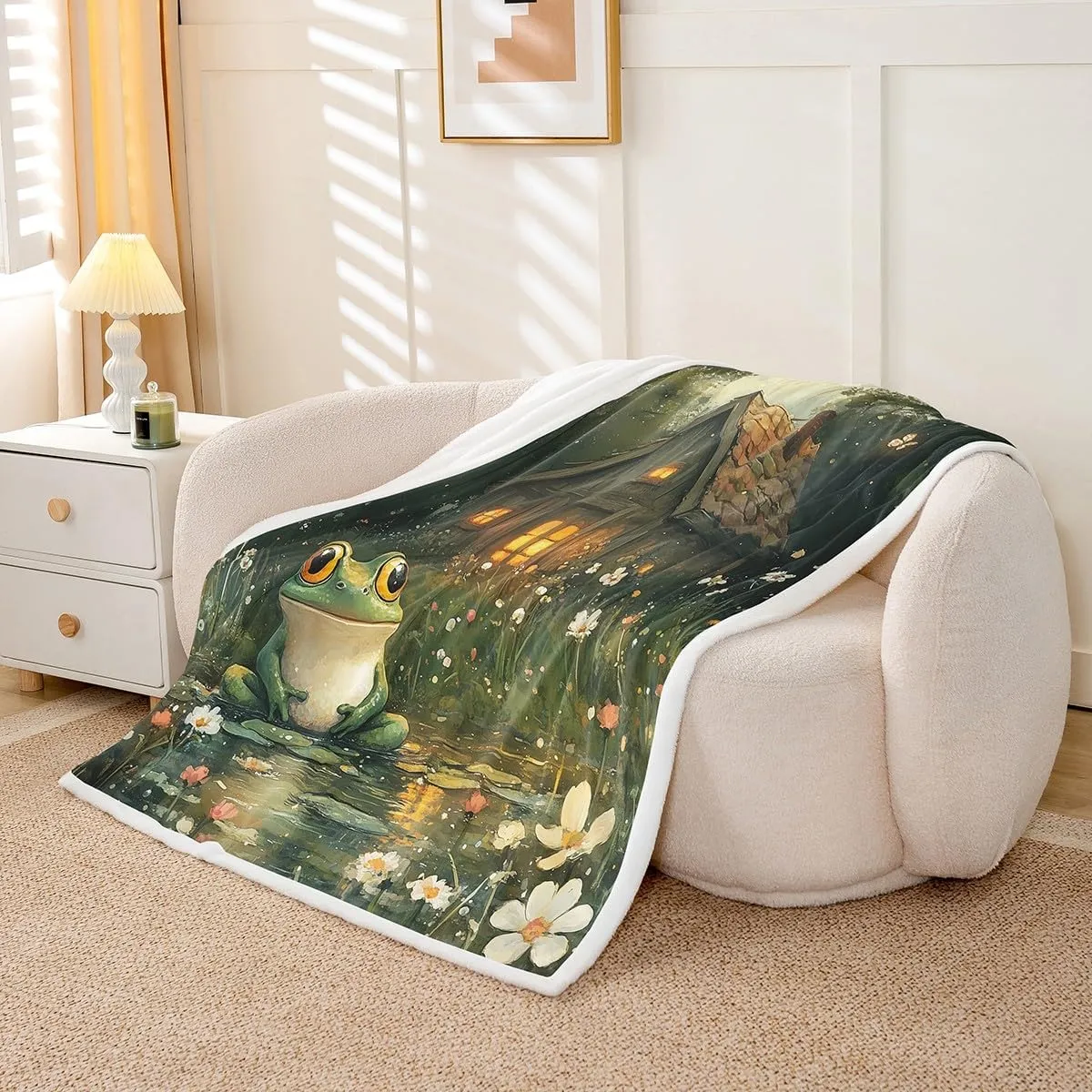 Lodge Frog Throw Blanket for Kids,Rustic Cabin Jungle Wild Animal Starry Fleece Throw Blanket for Bedroom Sofa,Nature Daisy Flowers Lake Lotus Leaves Lightweight Bed Blanket,40 x 50 Inches
