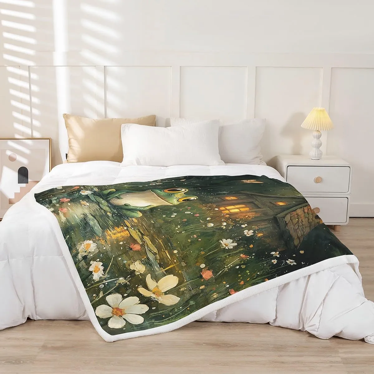 Lodge Frog Throw Blanket for Kids,Rustic Cabin Jungle Wild Animal Starry Fleece Throw Blanket for Bedroom Sofa,Nature Daisy Flowers Lake Lotus Leaves Lightweight Bed Blanket,40 x 50 Inches
