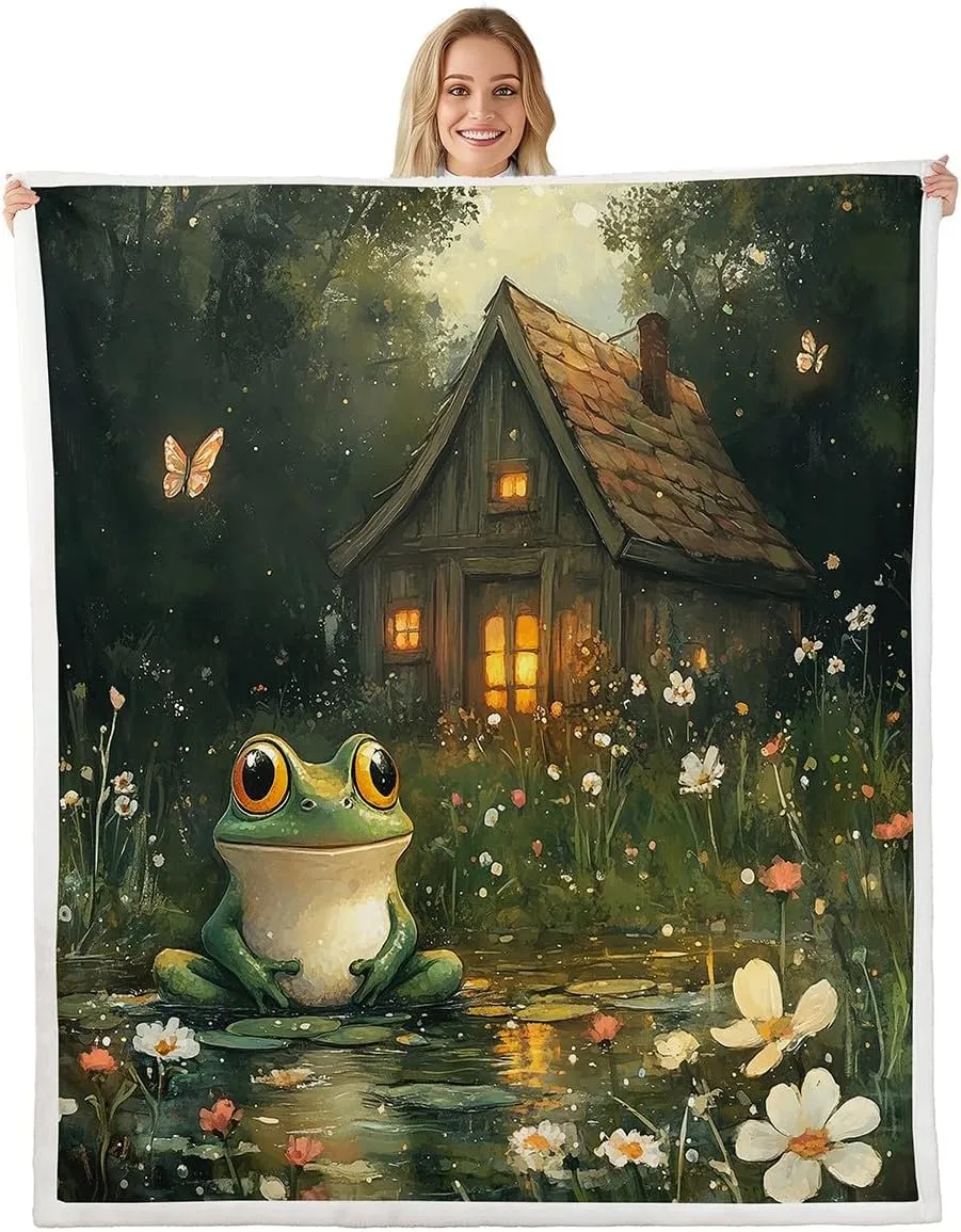 Lodge Frog Throw Blanket for Kids,Rustic Cabin Jungle Wild Animal Starry Fleece Throw Blanket for Bedroom Sofa,Nature Daisy Flowers Lake Lotus Leaves Lightweight Bed Blanket,40 x 50 Inches