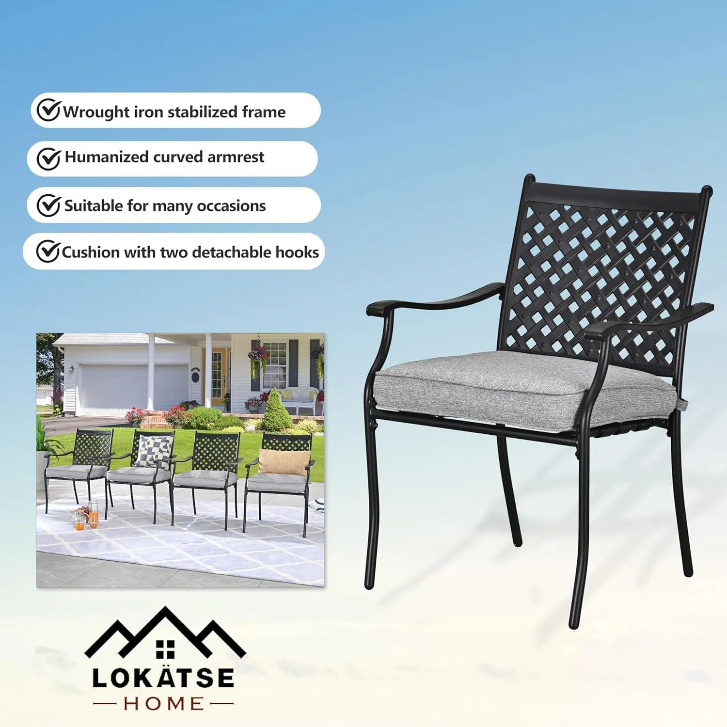 LOKATSE HOME 4 Piece Patio Dining Chairs Outdoor Metal Furniture Set Stackable with Seat Cushion, Cast Aluminum Lattice Weave Design