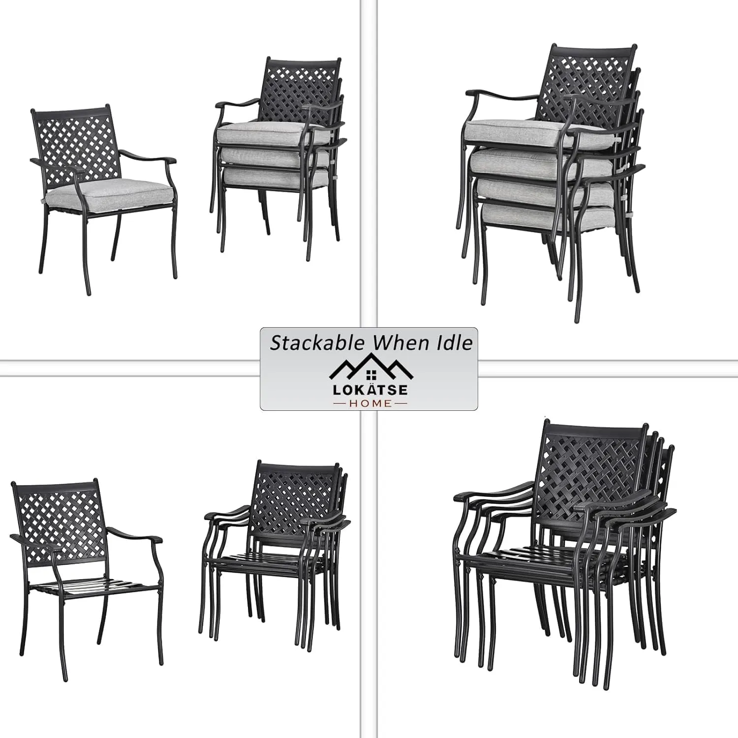 LOKATSE HOME 4 Piece Patio Dining Chairs Outdoor Metal Furniture Set Stackable with Seat Cushion, Cast Aluminum Lattice Weave Design