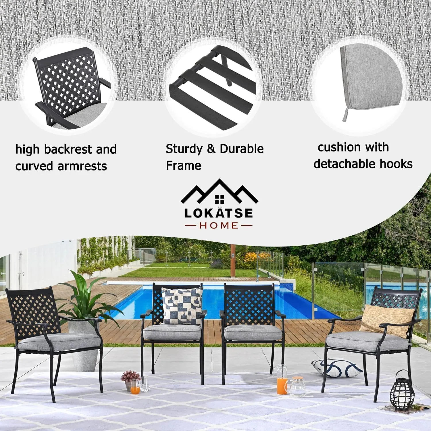LOKATSE HOME 4 Piece Patio Dining Chairs Outdoor Metal Furniture Set Stackable with Seat Cushion, Cast Aluminum Lattice Weave Design