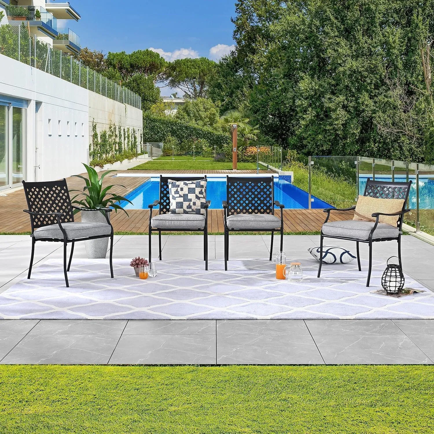 LOKATSE HOME 4 Piece Patio Dining Chairs Outdoor Metal Furniture Set Stackable with Seat Cushion, Cast Aluminum Lattice Weave Design