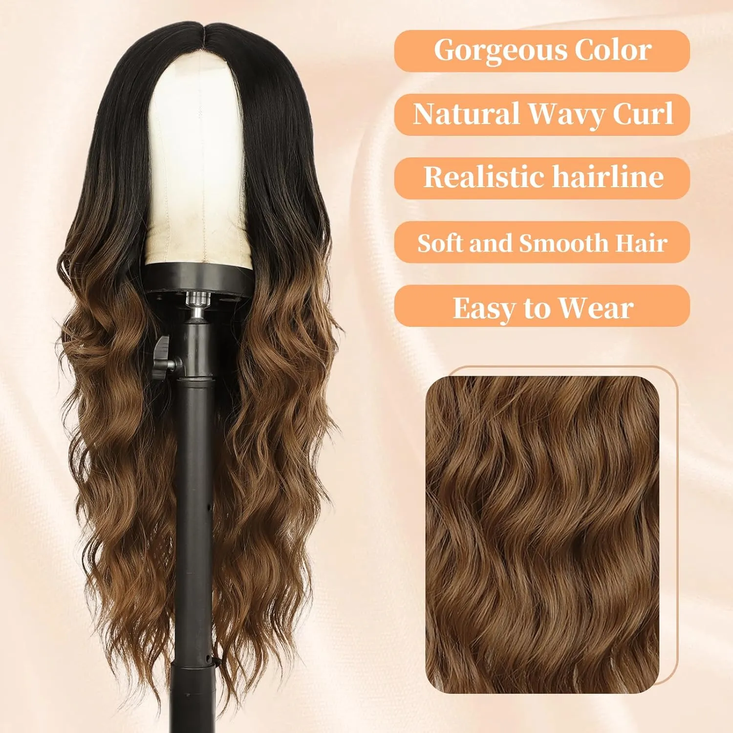 Long Black to Brown Wigs for Women, Long Ombre Brown Curly Wavy Wig,Natural Looking Middle Part Synthetic Wig for Daily Part Use 26 INCH
