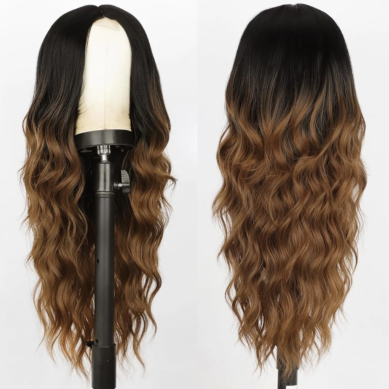 Long Black to Brown Wigs for Women, Long Ombre Brown Curly Wavy Wig,Natural Looking Middle Part Synthetic Wig for Daily Part Use 26 INCH