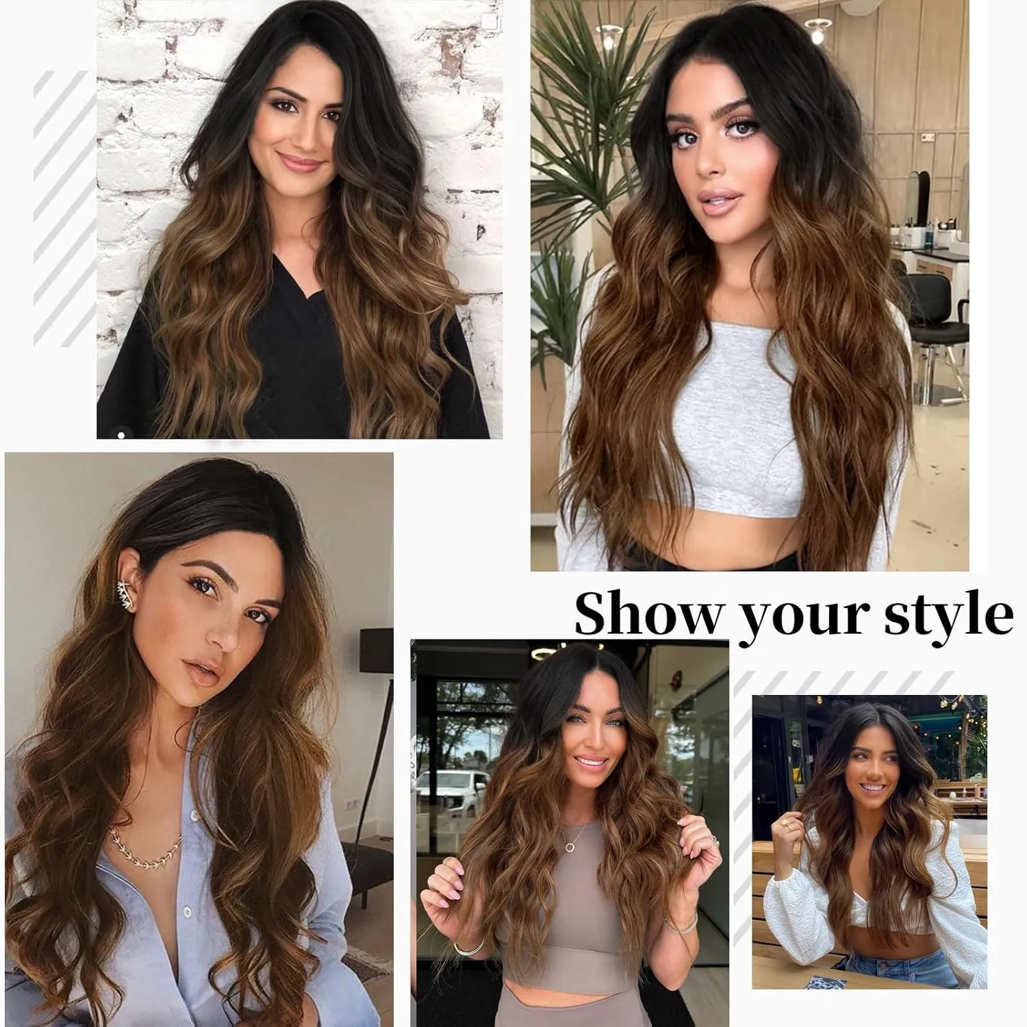 Long Black to Brown Wigs for Women, Long Ombre Brown Curly Wavy Wig,Natural Looking Middle Part Synthetic Wig for Daily Part Use 26 INCH