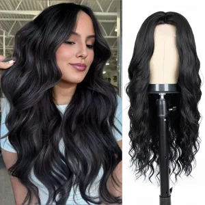 Long Black Wig for Women 26 Inch Middle Part Wavy Women Charming Hair Realistic Natural Looking Synthetic Heat Resistant Fiber Wig for Daily Party Use