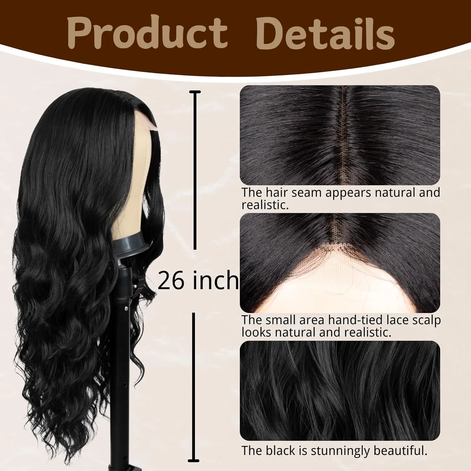 Long Black Wig for Women 26 Inch Middle Part Wavy Women Charming Hair Realistic Natural Looking Synthetic Heat Resistant Fiber Wig for Daily Party Use