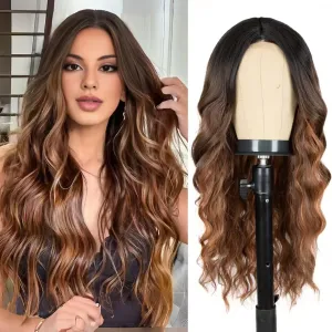 Long Brown Highlight Wig for Women 26 Inch Middle Part Wavy Women Charming Hair Realistic Natural Looking Synthetic Heat Resistant Fiber Wig for Daily Party Use
