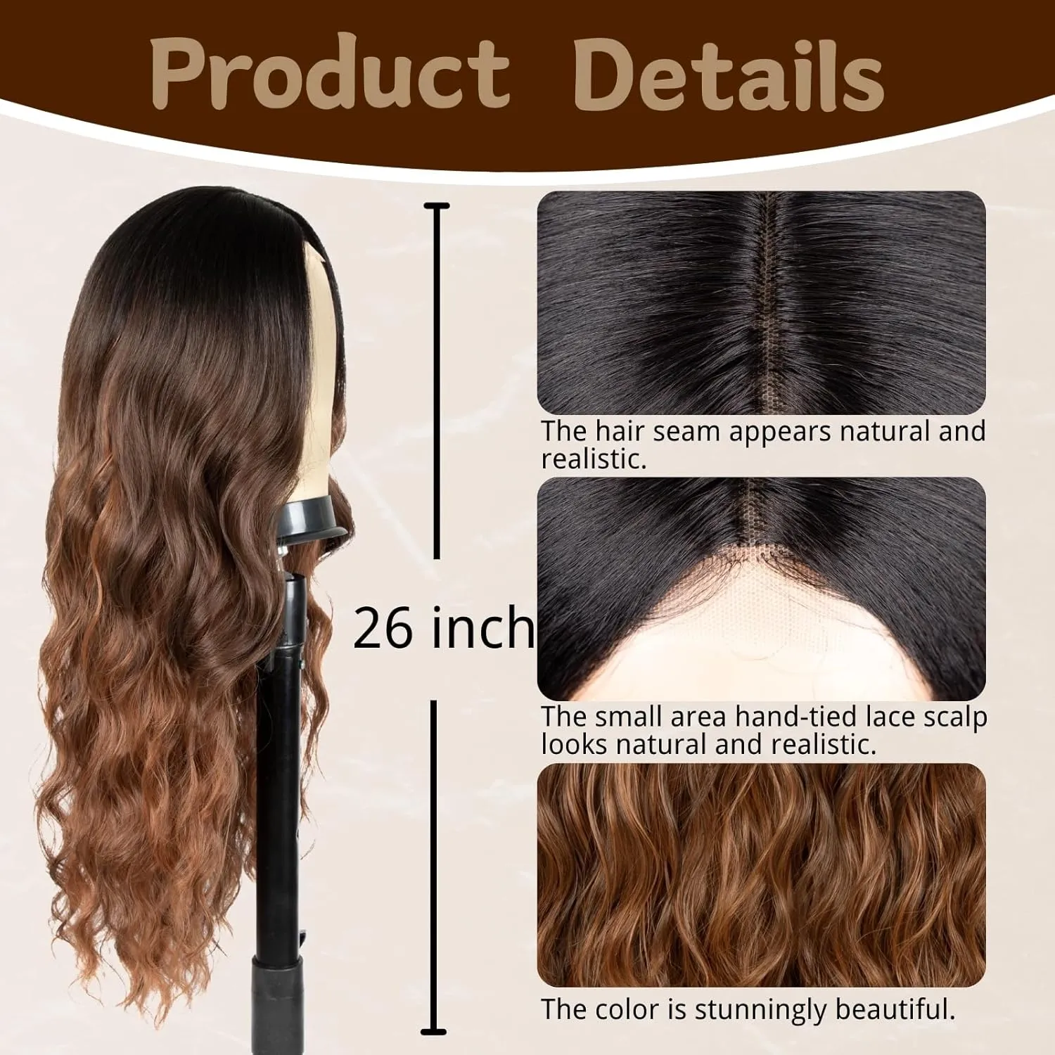 Long Brown Highlight Wig for Women 26 Inch Middle Part Wavy Women Charming Hair Realistic Natural Looking Synthetic Heat Resistant Fiber Wig for Daily Party Use