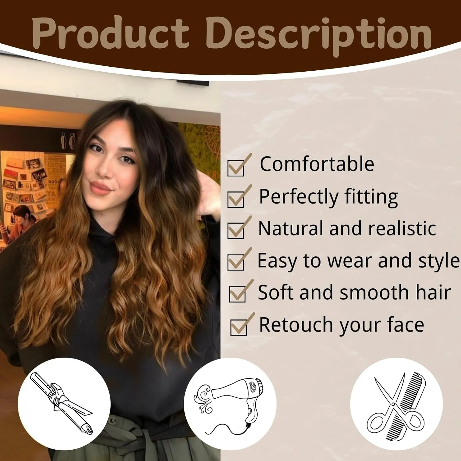 Long Brown Highlight Wig for Women 26 Inch Middle Part Wavy Women Charming Hair Realistic Natural Looking Synthetic Heat Resistant Fiber Wig for Daily Party Use