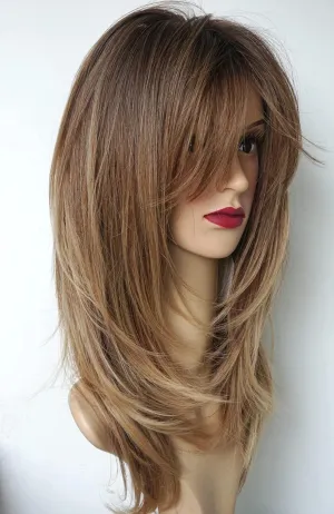 Long Layered Ombre Brown wig Synthetic Hair Fiber Highlight Multicolor Wigs for White Women (Ombre Brown)