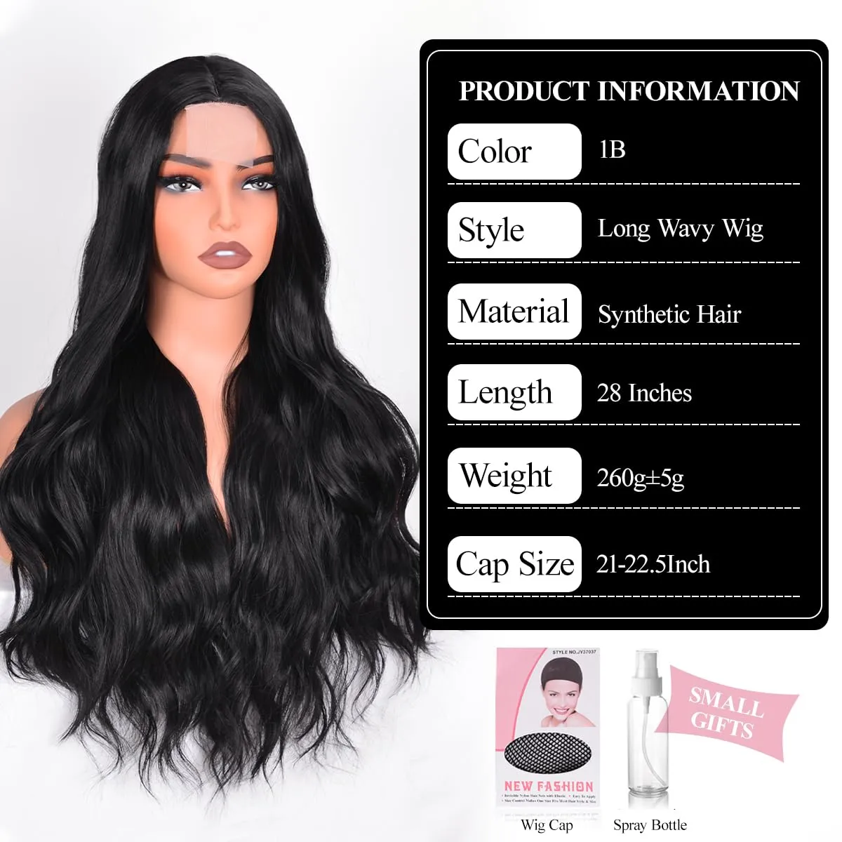 Long Wavy Wig for Women, 28 Inch Wigs Middle Part Curly Wavy Wig Natural Looking Black Small Lace Resistant Fiber Long Black Body Wave Synthetic Wigs for Daily Use (Black (1B), 28 Inch)