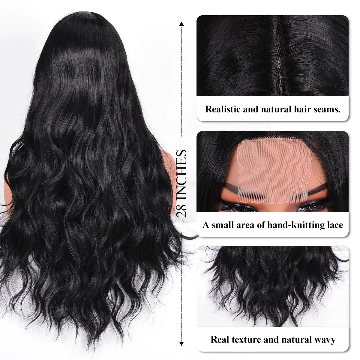 Long Wavy Wig for Women, 28 Inch Wigs Middle Part Curly Wavy Wig Natural Looking Black Small Lace Resistant Fiber Long Black Body Wave Synthetic Wigs for Daily Use (Black (1B), 28 Inch)