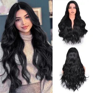 Long Wavy Wig for Women, 28 Inch Wigs Middle Part Curly Wavy Wig Natural Looking Black Small Lace Resistant Fiber Long Black Body Wave Synthetic Wigs for Daily Use (Black (1B), 28 Inch)