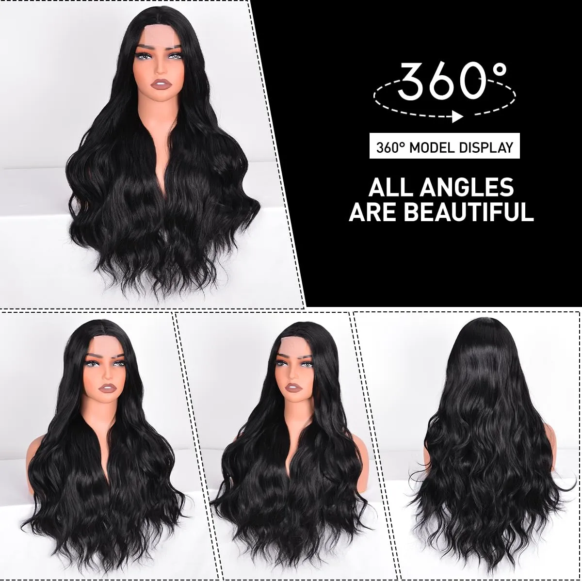 Long Wavy Wig for Women, 28 Inch Wigs Middle Part Curly Wavy Wig Natural Looking Black Small Lace Resistant Fiber Long Black Body Wave Synthetic Wigs for Daily Use (Black (1B), 28 Inch)