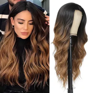 Long Wavy Wig with Lace Hairline 26 Inch Middle Part Curly Wigs for Women Synthetic Heat Resistant Fibers Wig for Daily Wear and Party Use (Black to brown)