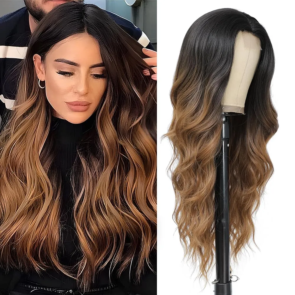 Long Wavy Wig with Lace Hairline 26 Inch Middle Part Curly Wigs for Women Synthetic Heat Resistant Fibers Wig for Daily Wear and Party Use (Black to brown)