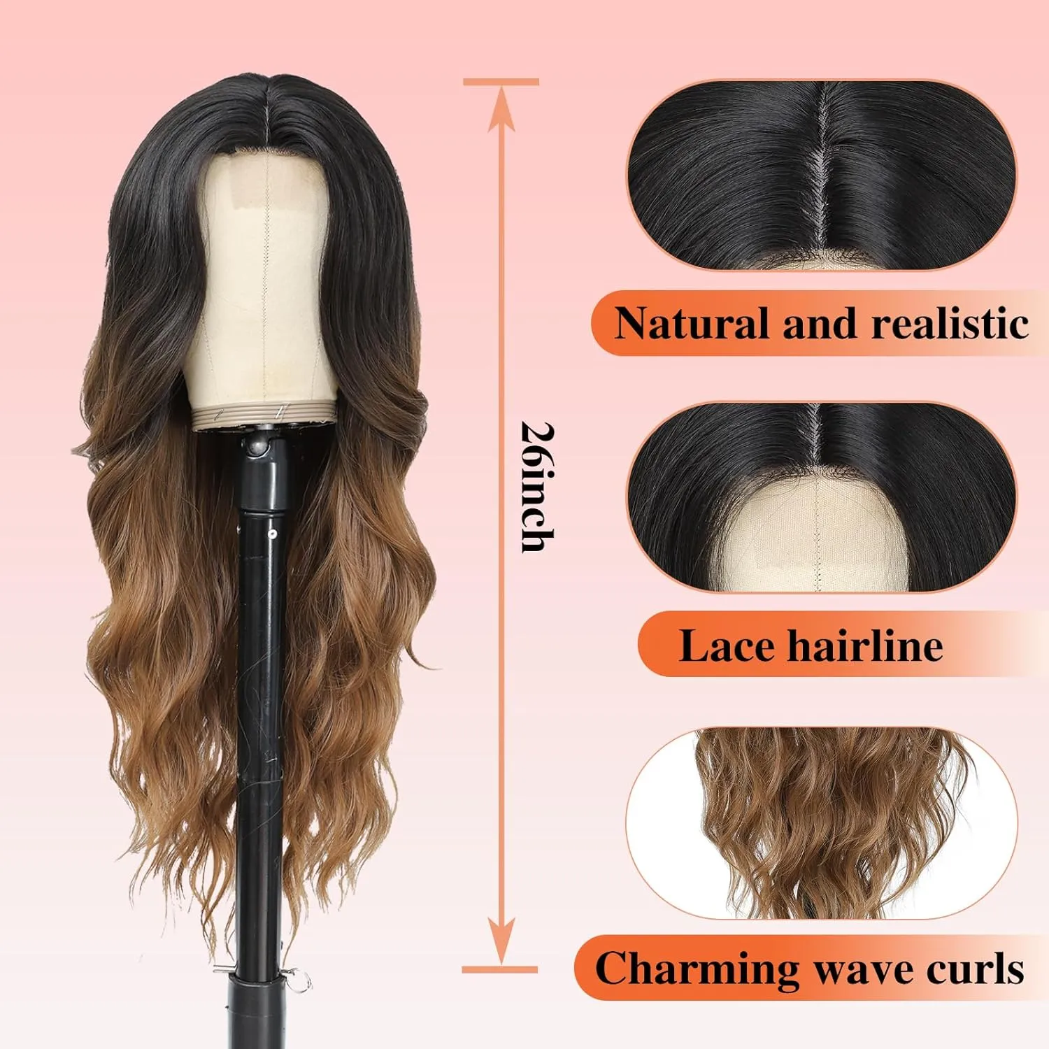 Long Wavy Wig with Lace Hairline 26 Inch Middle Part Curly Wigs for Women Synthetic Heat Resistant Fibers Wig for Daily Wear and Party Use (Black to brown)