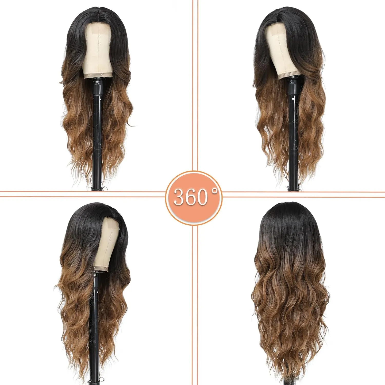 Long Wavy Wig with Lace Hairline 26 Inch Middle Part Curly Wigs for Women Synthetic Heat Resistant Fibers Wig for Daily Wear and Party Use (Black to brown)