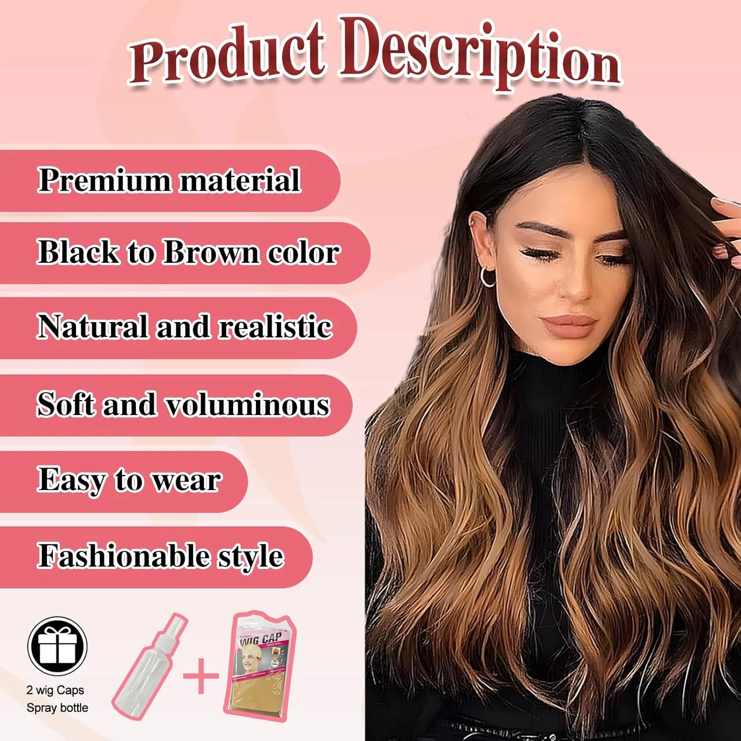Long Wavy Wig with Lace Hairline 26 Inch Middle Part Curly Wigs for Women Synthetic Heat Resistant Fibers Wig for Daily Wear and Party Use (Black to brown)