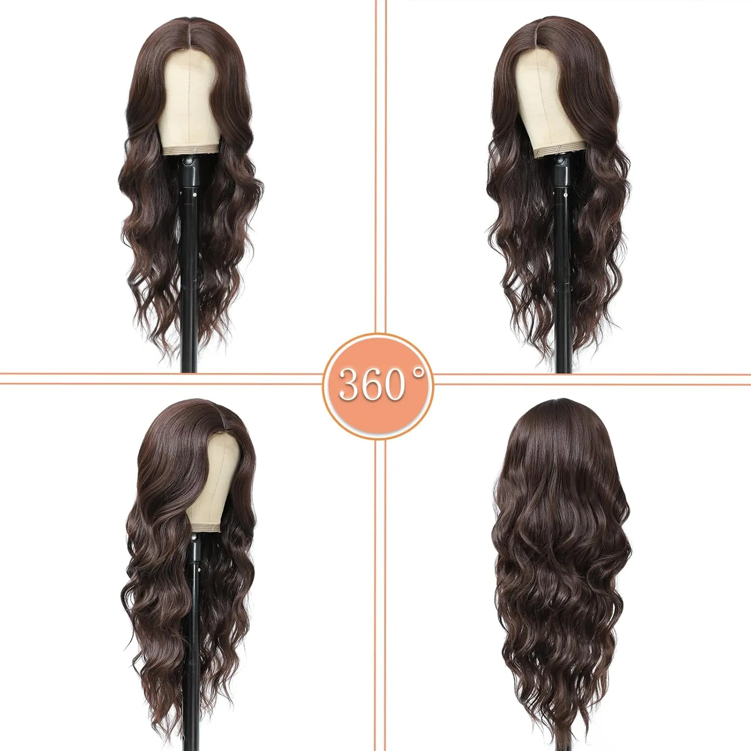 Long Wavy Wig with Lace Hairline 26 Inch Middle Part Curly Wigs with Natural Wavy Brown Hair for Women Synthetic Heat Resistant Fibers Wig for Daily Wear and Party Use (Dark Brown)