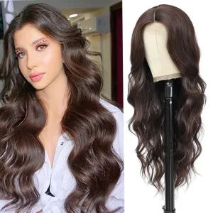 Long Wavy Wig with Lace Hairline 26 Inch Middle Part Curly Wigs with Natural Wavy Brown Hair for Women Synthetic Heat Resistant Fibers Wig for Daily Wear and Party Use (Dark Brown)