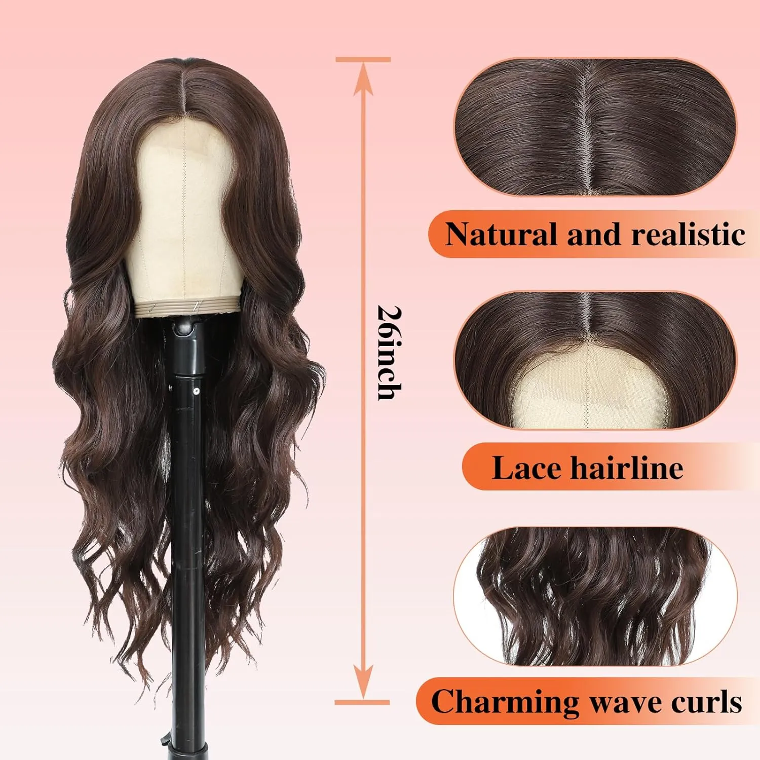 Long Wavy Wig with Lace Hairline 26 Inch Middle Part Curly Wigs with Natural Wavy Brown Hair for Women Synthetic Heat Resistant Fibers Wig for Daily Wear and Party Use (Dark Brown)