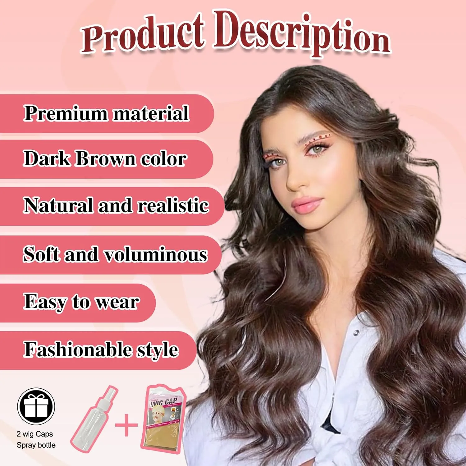 Long Wavy Wig with Lace Hairline 26 Inch Middle Part Curly Wigs with Natural Wavy Brown Hair for Women Synthetic Heat Resistant Fibers Wig for Daily Wear and Party Use (Dark Brown)