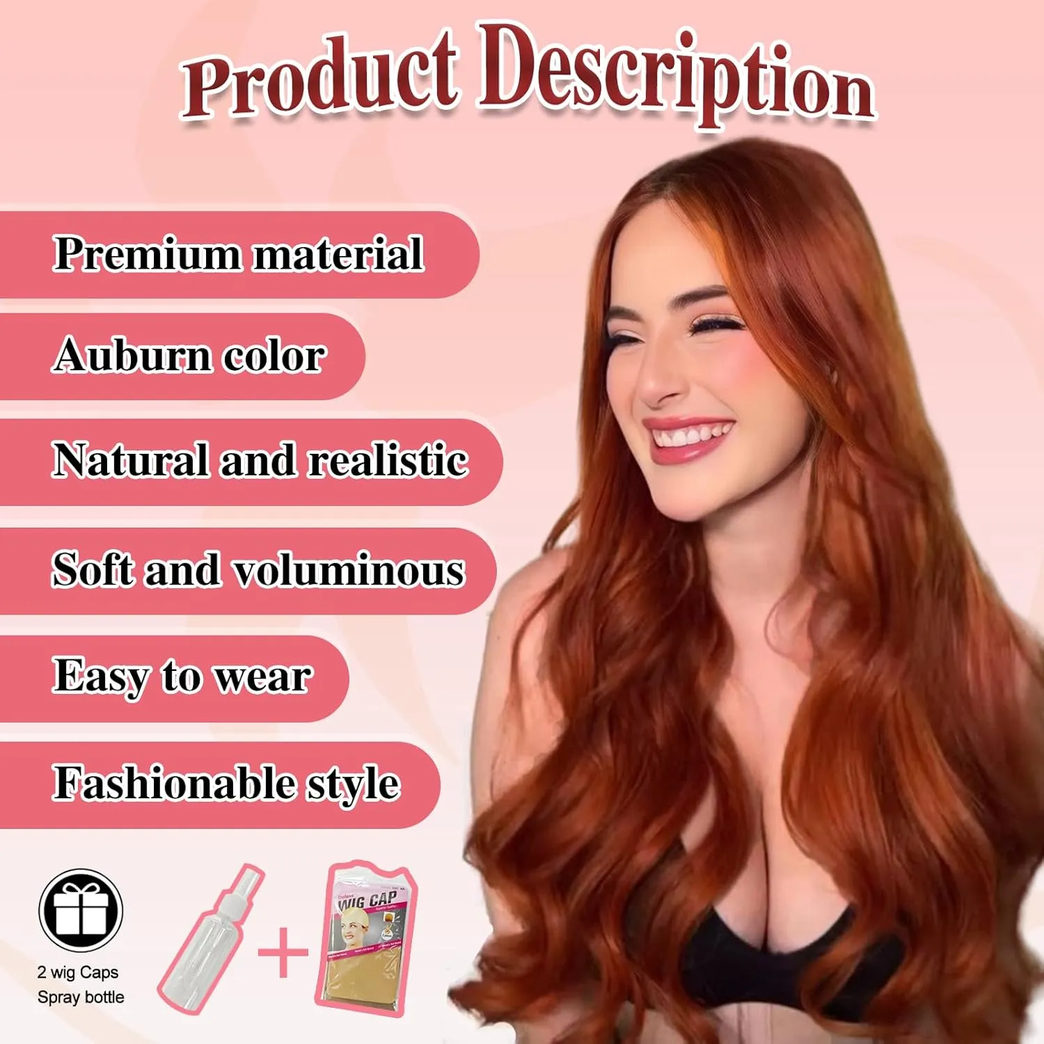Long Wavy Wig with Lace Hairline 26 Inch Synthetic Heat Resistant Fibers Wig for Women Middle Part Curly Wigs for Daily Wear and Party Use (Auburn)