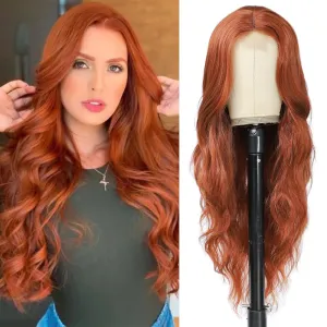 Long Wavy Wig with Lace Hairline 26 Inch Synthetic Heat Resistant Fibers Wig for Women Middle Part Curly Wigs for Daily Wear and Party Use (Auburn)