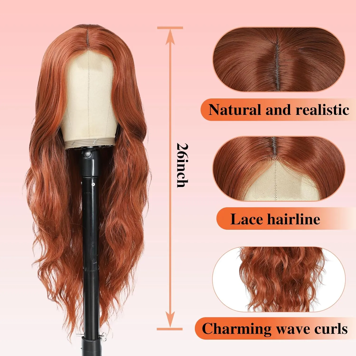 Long Wavy Wig with Lace Hairline 26 Inch Synthetic Heat Resistant Fibers Wig for Women Middle Part Curly Wigs for Daily Wear and Party Use (Auburn)