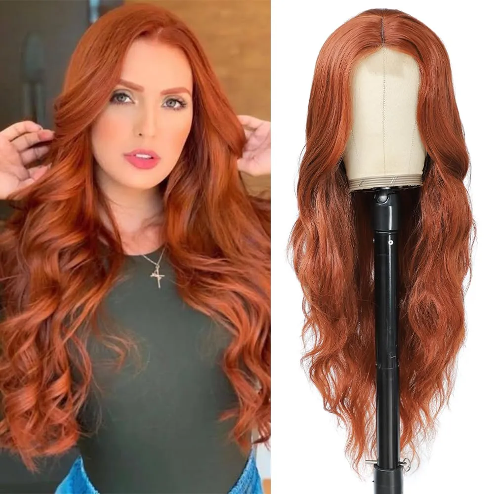 Long Wavy Wig with Lace Hairline 26 Inch Synthetic Heat Resistant Fibers Wig for Women Middle Part Curly Wigs for Daily Wear and Party Use (Auburn)