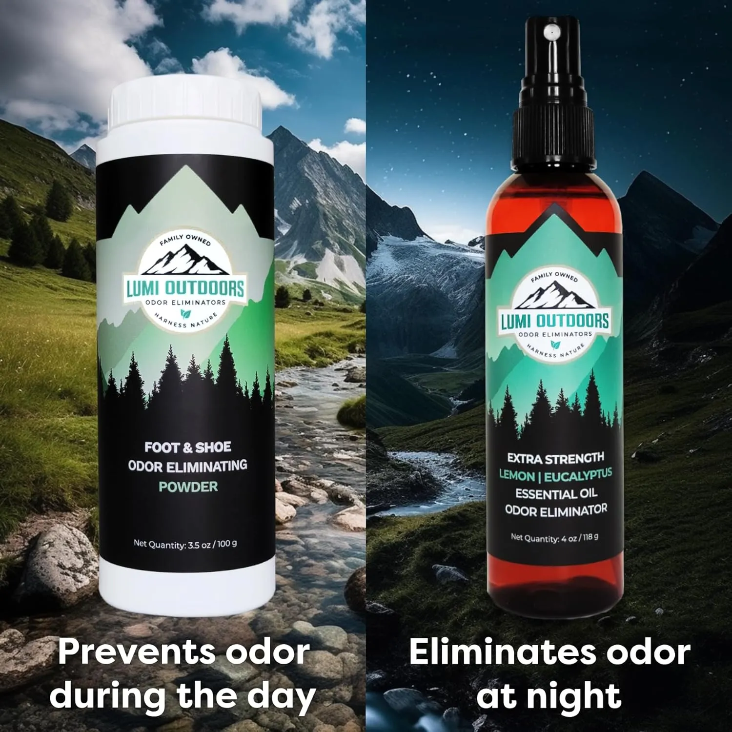 Lumi Outdoors Natural Shoe Deodorizer Spray and Foot Powder Bundle - Lemon Eucalyptus and Foot Powder