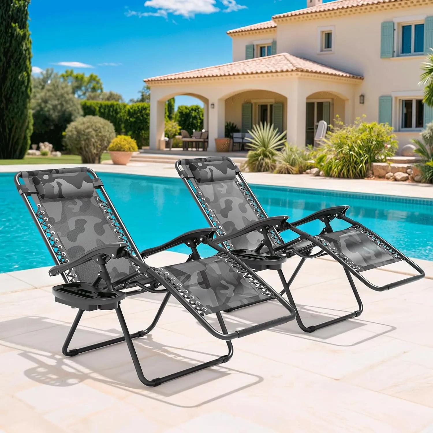 Magshion Zero Gravity Lounge Chairs Set of 2, Outdoor Patio Reclining Chair with Side Tray, Adjustable Anti-Gravity Recliners with Pillow Headrest, Folding Lounger for Lawn Camping Beach, Camouflage