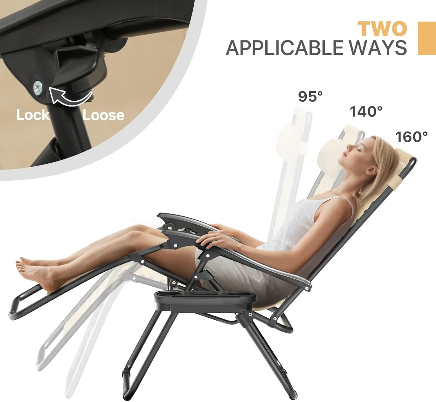 Magshion Zero Gravity Lounge Chairs Set of 2, Outdoor Patio Reclining Chair with Side Tray, Adjustable Anti-Gravity Recliners with Pillow Headrest, Folding Lounger for Lawn Camping Beach, Cream