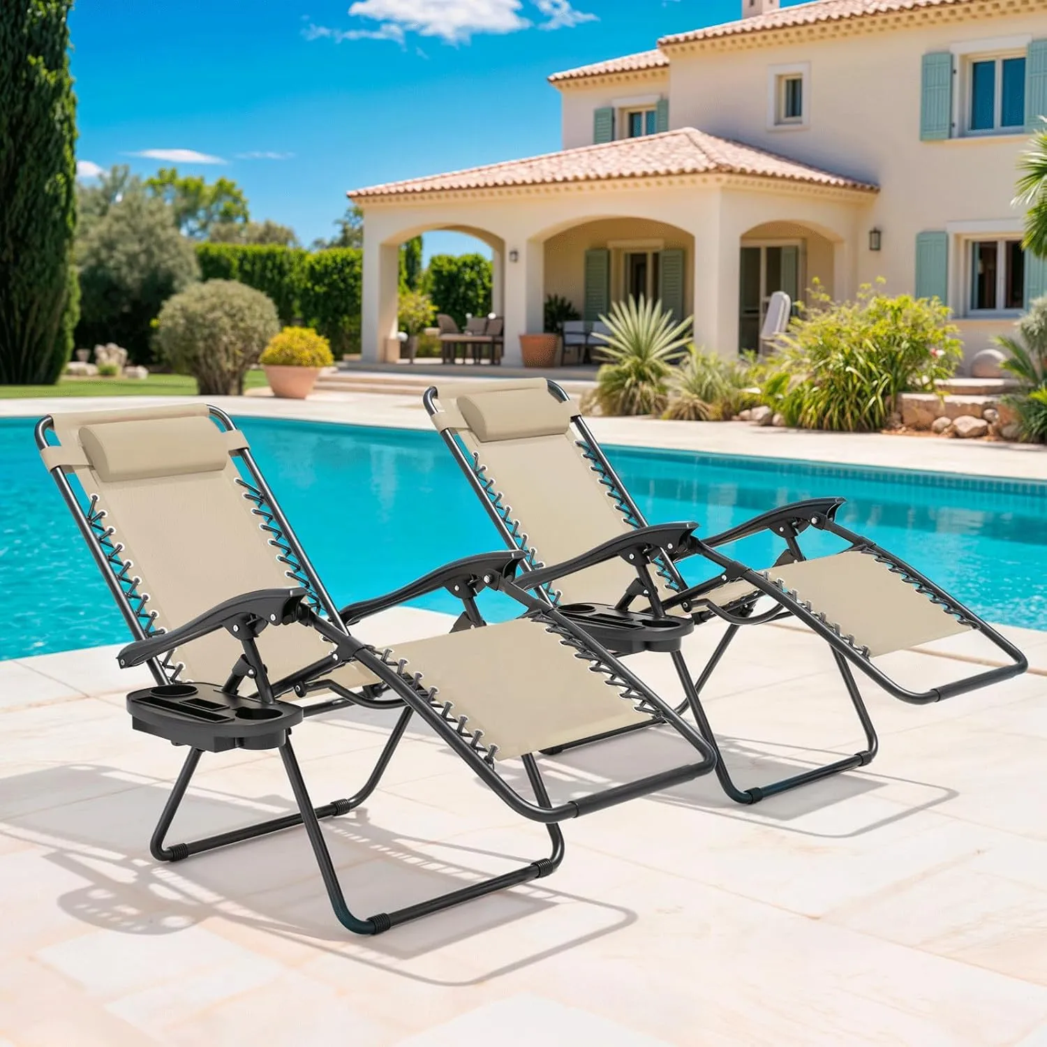 Magshion Zero Gravity Lounge Chairs Set of 2, Outdoor Patio Reclining Chair with Side Tray, Adjustable Anti-Gravity Recliners with Pillow Headrest, Folding Lounger for Lawn Camping Beach, Cream