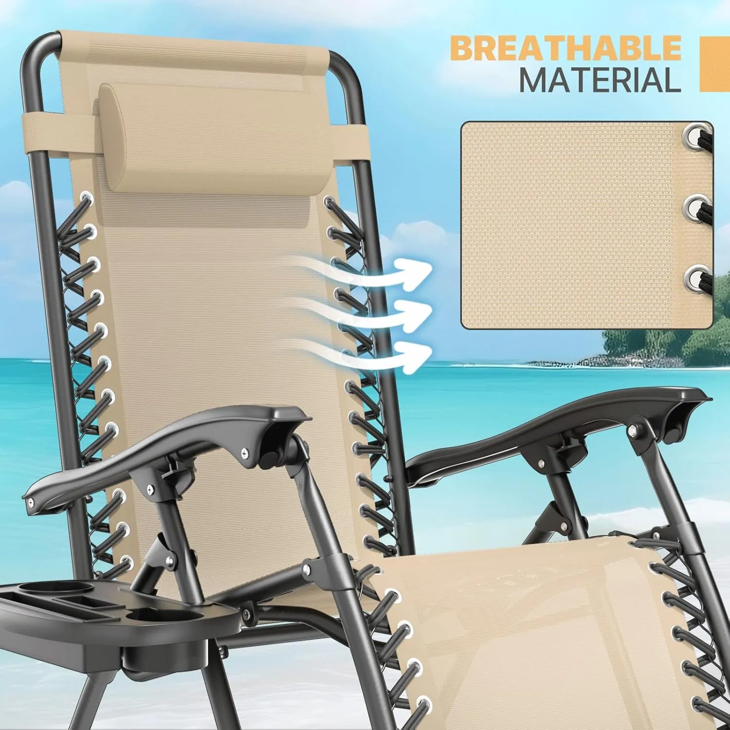 Magshion Zero Gravity Lounge Chairs Set of 2, Outdoor Patio Reclining Chair with Side Tray, Adjustable Anti-Gravity Recliners with Pillow Headrest, Folding Lounger for Lawn Camping Beach, Cream