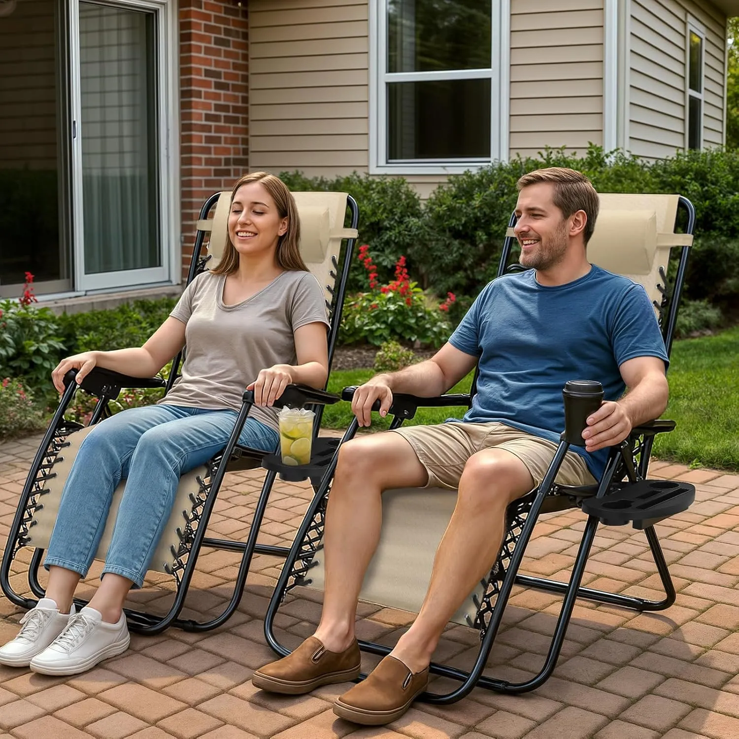 Magshion Zero Gravity Lounge Chairs Set of 2, Outdoor Patio Reclining Chair with Side Tray, Adjustable Anti-Gravity Recliners with Pillow Headrest, Folding Lounger for Lawn Camping Beach, Cream
