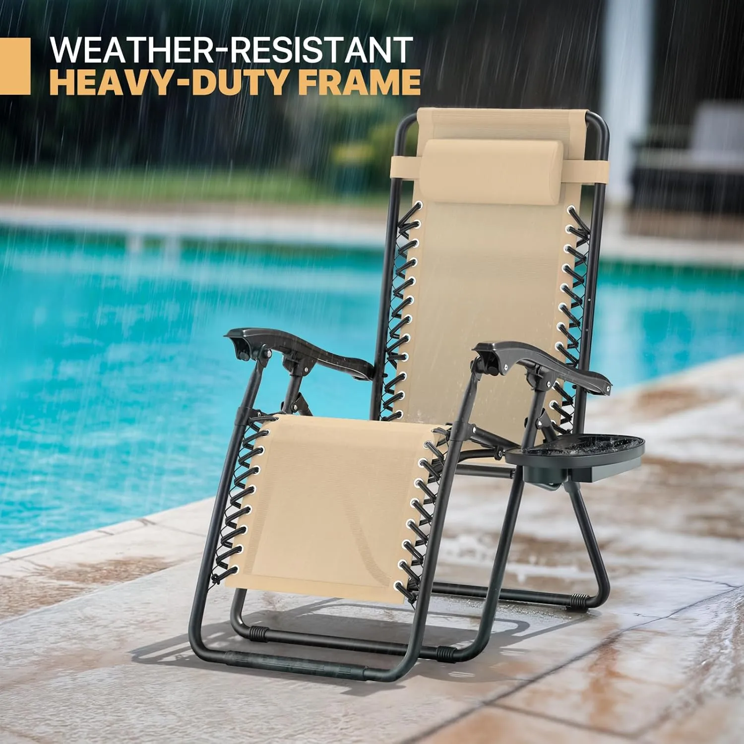 Magshion Zero Gravity Lounge Chairs Set of 2, Outdoor Patio Reclining Chair with Side Tray, Adjustable Anti-Gravity Recliners with Pillow Headrest, Folding Lounger for Lawn Camping Beach, Cream