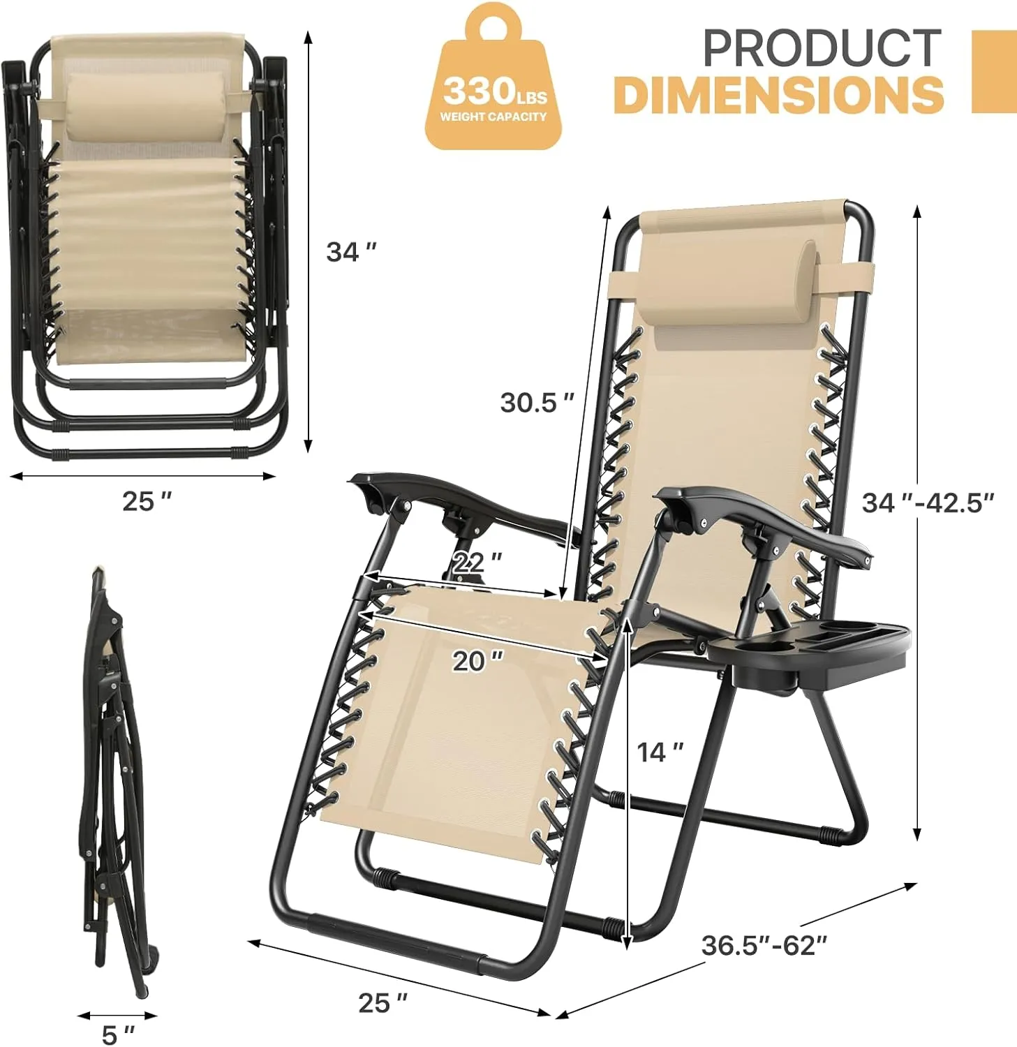 Magshion Zero Gravity Lounge Chairs Set of 2, Outdoor Patio Reclining Chair with Side Tray, Adjustable Anti-Gravity Recliners with Pillow Headrest, Folding Lounger for Lawn Camping Beach, Cream