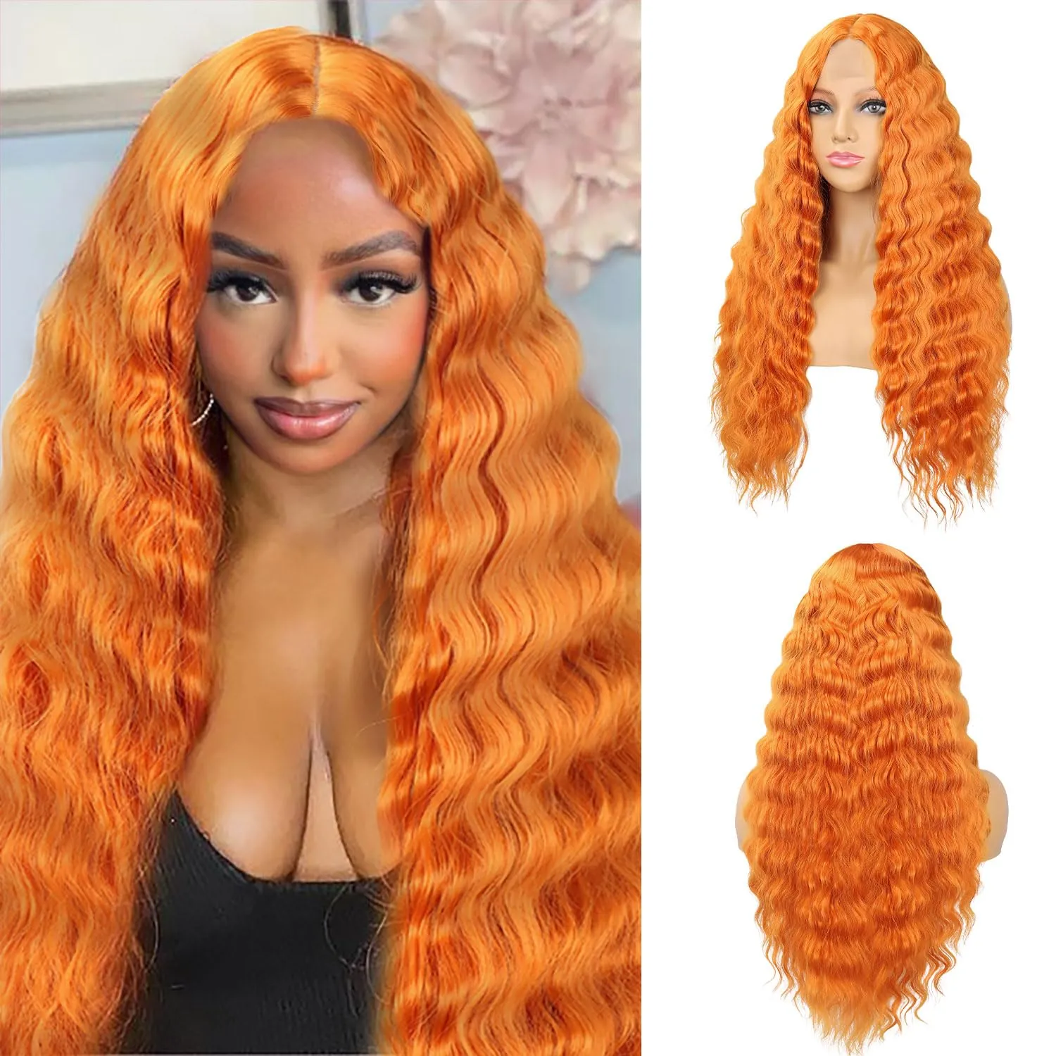 Mairead 28 Inch Long Curly Synthetic Lace Front Wig Orange Ginger Deep Wave Synthetic Wigs for Black Women 4'' Simulated Scalp Middle Part Natural Crimps Curls Curly Hair Replacement Wigs