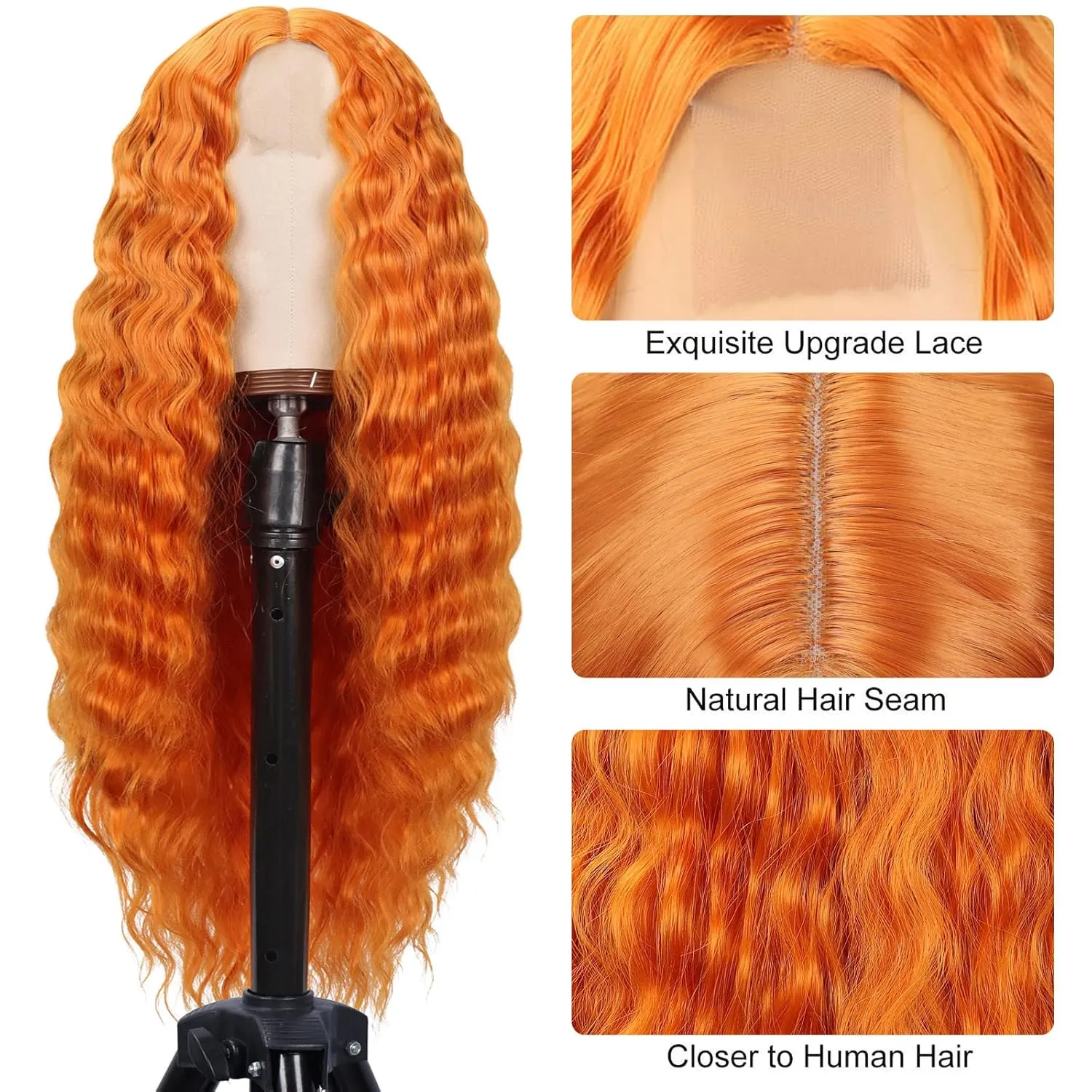 Mairead 28 Inch Long Curly Synthetic Lace Front Wig Orange Ginger Deep Wave Synthetic Wigs for Black Women 4'' Simulated Scalp Middle Part Natural Crimps Curls Curly Hair Replacement Wigs
