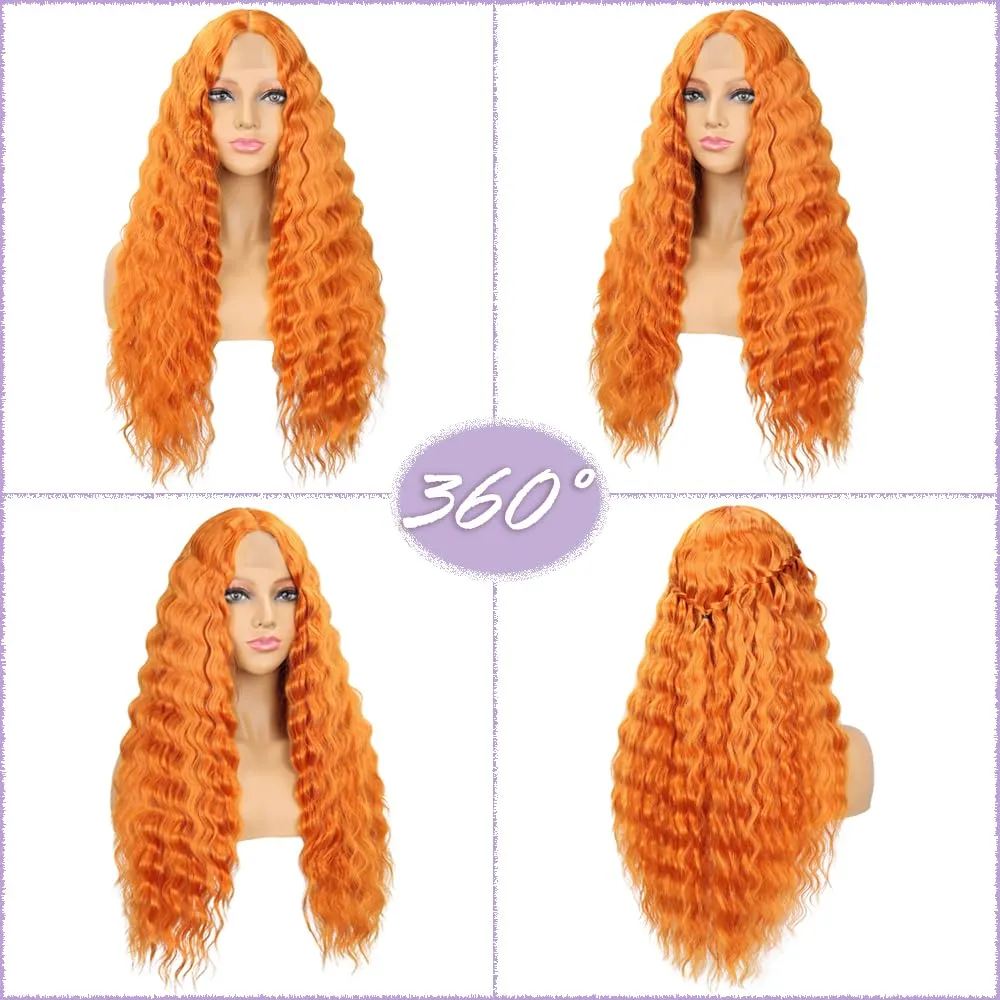 Mairead 28 Inch Long Curly Synthetic Lace Front Wig Orange Ginger Deep Wave Synthetic Wigs for Black Women 4'' Simulated Scalp Middle Part Natural Crimps Curls Curly Hair Replacement Wigs