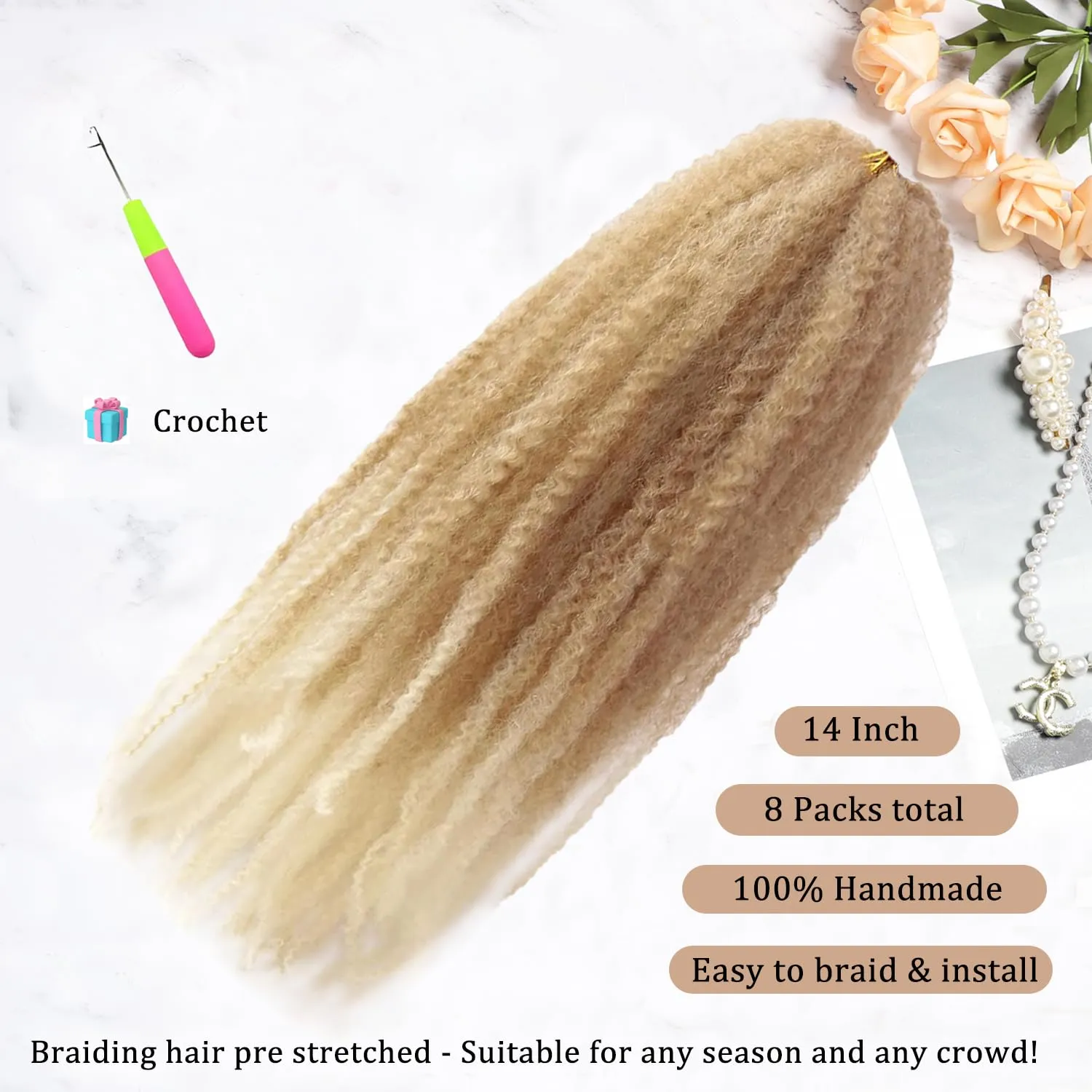 Marley Twist Braiding Hair 14 inch Afro Kinky Curly Crochet Braids 8 Packs Cuban Twist Crochet Braids Synthetic Low Maintenance Skin-Friendly Marley Hair Extensions(T27/613, Packs of 8)