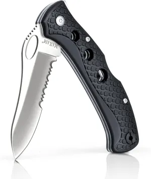 Maxam 5" Saltwater Knife - Rust-Proof German Stainless Steel Serrated Blade with Black Handle, Reversible Pocket Clip, Lanyard Hole - Ideal for Salt & Fresh Water, Fishing Outdoor Use